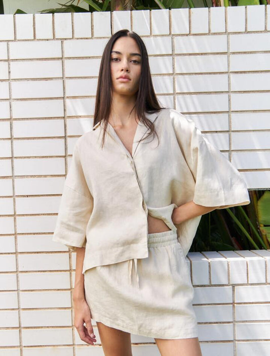 Image of a model wearing Tops. Productname: Lulu & Rose L&R Boxy Shirt in Natural colour by brand - Lulu & Rose