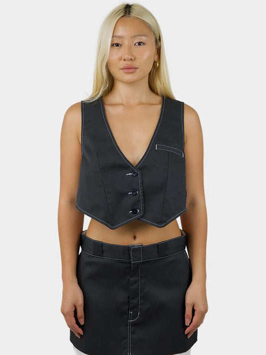 Image of a model wearing Tops. Productname: Dickies Del Rio Contrast Cropped Vest in Graphite White colour by brand - Dickies