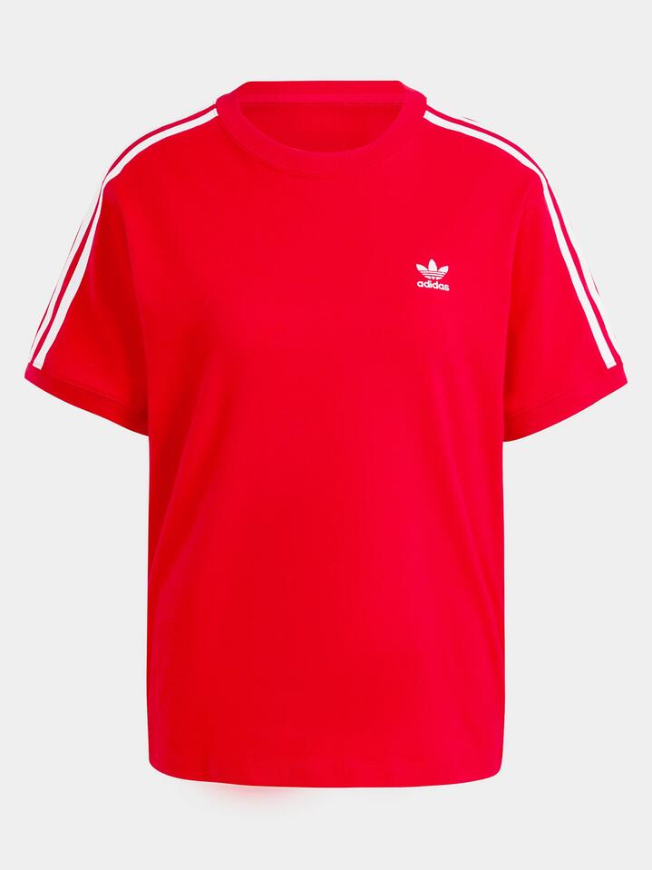 Image of a model wearing Tops. Productname: Adidas 3 Stripe T-Shirt in Better Scarlet colour by brand - Adidas