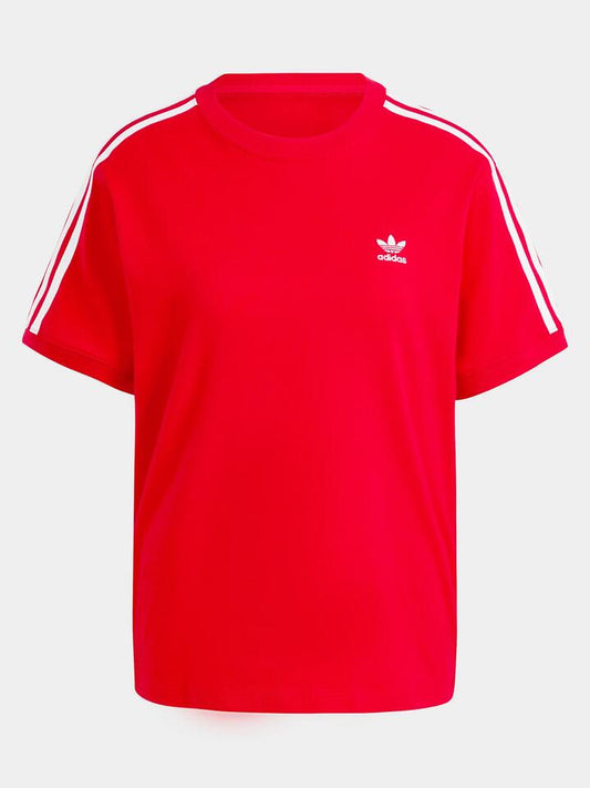 Image of a model wearing Tops. Productname: Adidas 3 Stripe T-Shirt in Better Scarlet colour by brand - Adidas