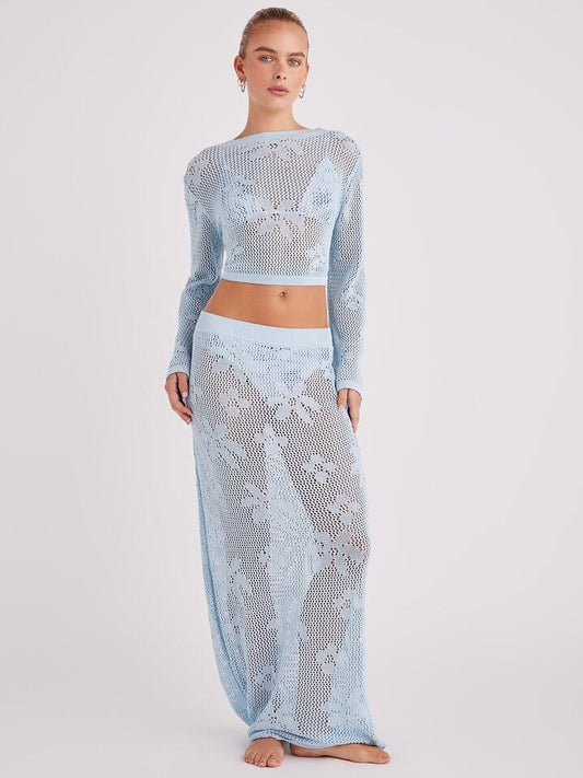 Image of a model wearing Skirts. Productname: SNDYS Terra Maxi Skirt in Glacial colour by brand - SNDYS