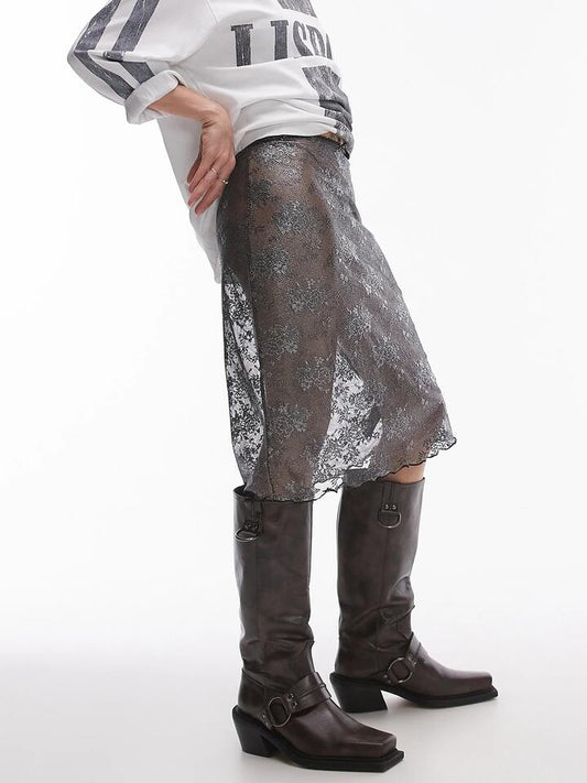 Image of a model wearing Skirts. Productname: Topshop Sheer Lace 90's Length Skirt in Silver colour by brand - Topshop