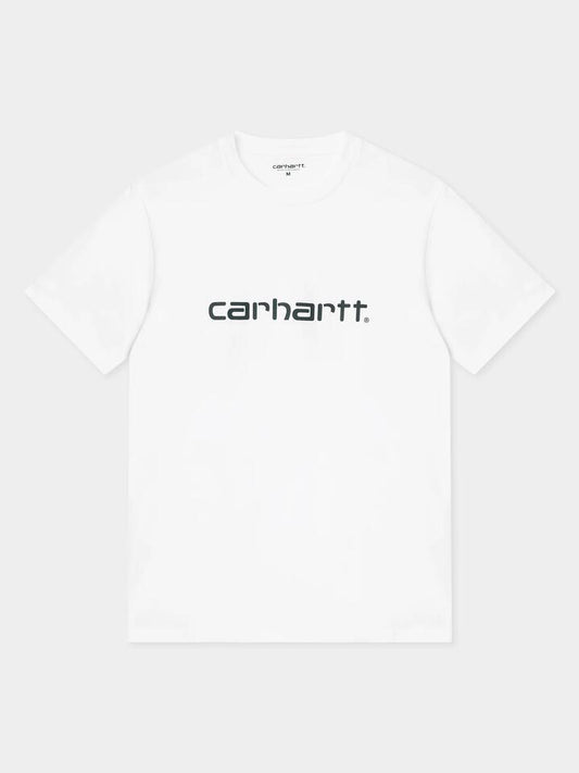 Image of a model wearing Tops. Productname: Carhartt Wip S/S Script T-Shirt in White/Black colour by brand - Carhartt Wip