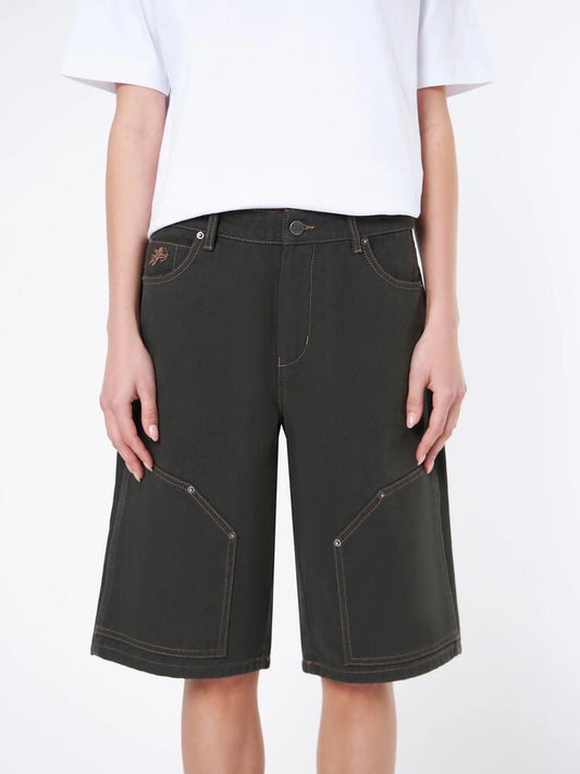Image of a model wearing Shorts. Productname: Worship Double Knee Big Baggy Short in Dark Jungle Green colour by brand - Worship