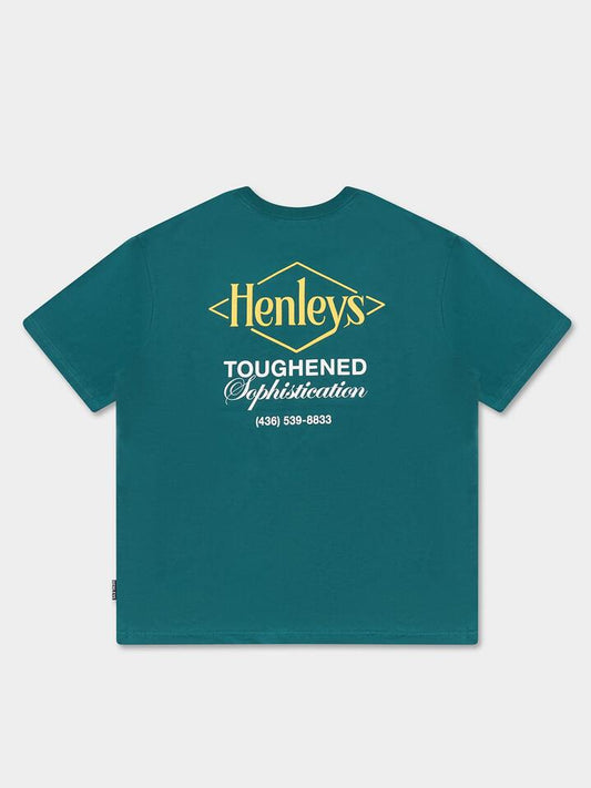 Image of a model wearing Tops. Productname: Henleys Tough Tee in Metal Green colour by brand - Henleys