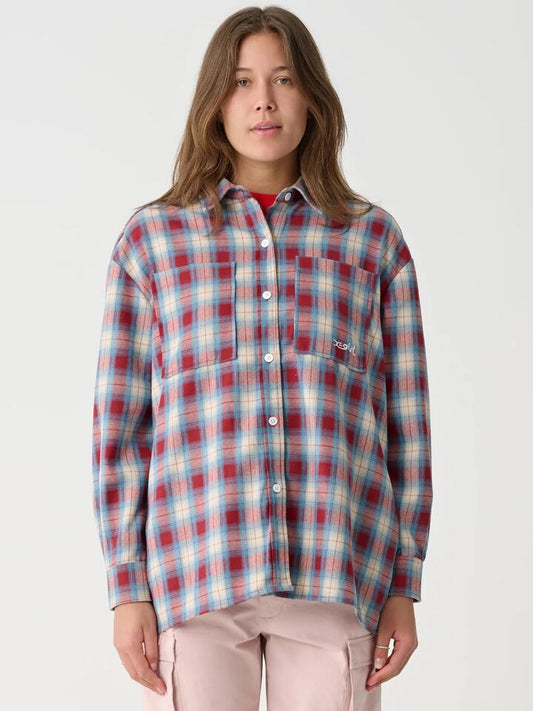 Image of a model wearing Tops. Productname: Xgirl Mills Check OS Shirt in Red colour by brand - Xgirl