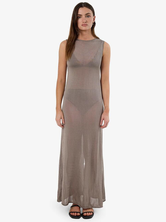 Image of a model wearing Dress. Productname: Thrills Anais Sleeveless Sheer Knit Dress in FUNGI colour by brand - Thrills