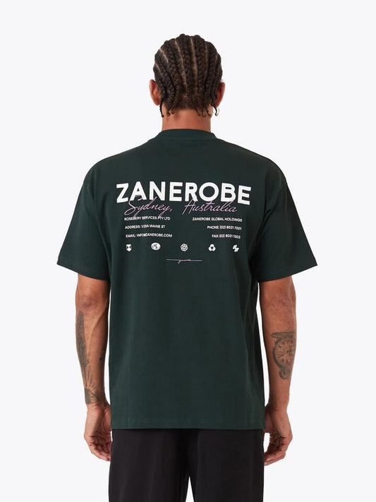 Image of a model wearing Tops. Productname: Zanerobe Design House Box Tee in Forest colour by brand - Zanerobe