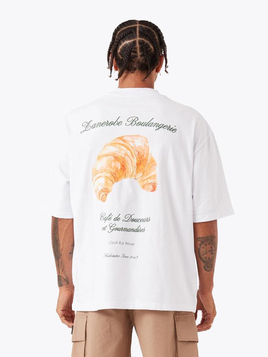 Image of a model wearing Tops. Productname: Zanerobe Boulangerie Tee in White colour by brand - Zanerobe