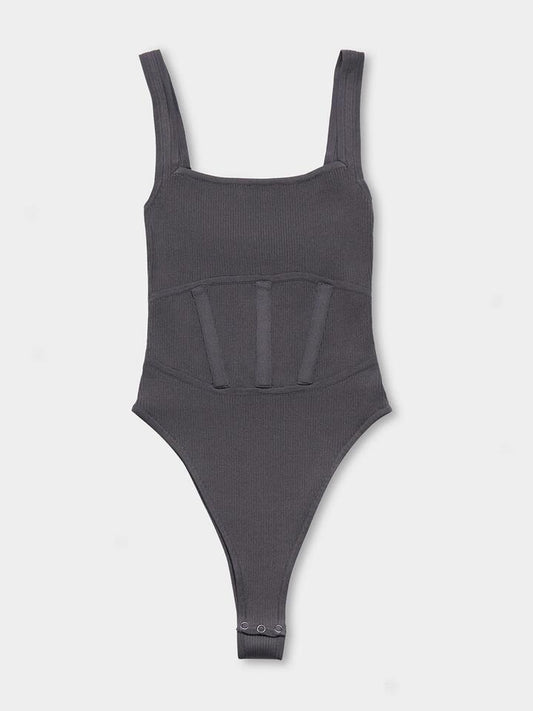 Image of a model wearing Tops. Productname: First Mse Aurelia Knit Bodysuit in Gunmetal colour by brand - First Mse