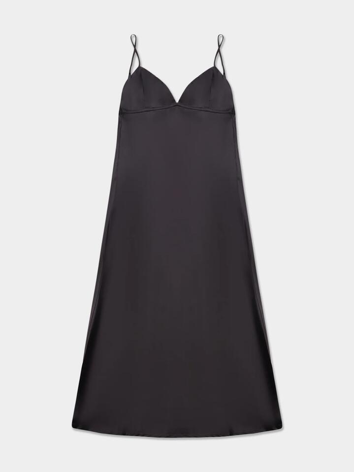 Image of a model wearing Dress. Productname: First Mse Oriana Satin Midi Dress in Black colour by brand - First Mse