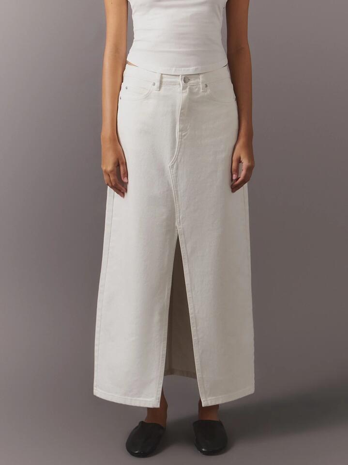 Image of a model wearing Skirts. Productname: MSE Denim Maxi Skirt in Off White colour by brand - MSE