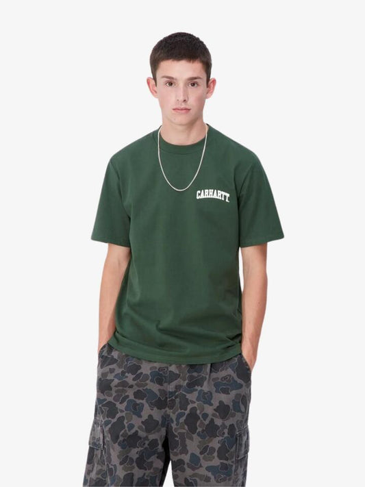 Image of a model wearing Tops. Productname: Carhartt Wip S/S University Script T-Shirt in Sycamore Tree/White colour by brand - Carhartt Wip