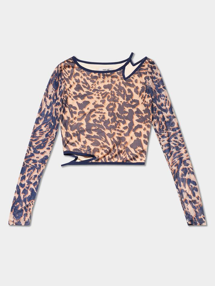 Image of a model wearing Tops. Productname: First Mse Leilani Mesh Top in Fierce colour by brand - First Mse