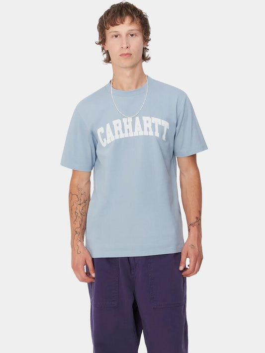 Image of a model wearing Tops. Productname: Carhartt Wip S/S University T-Shirt in Dusty Ice/White colour by brand - Carhartt Wip