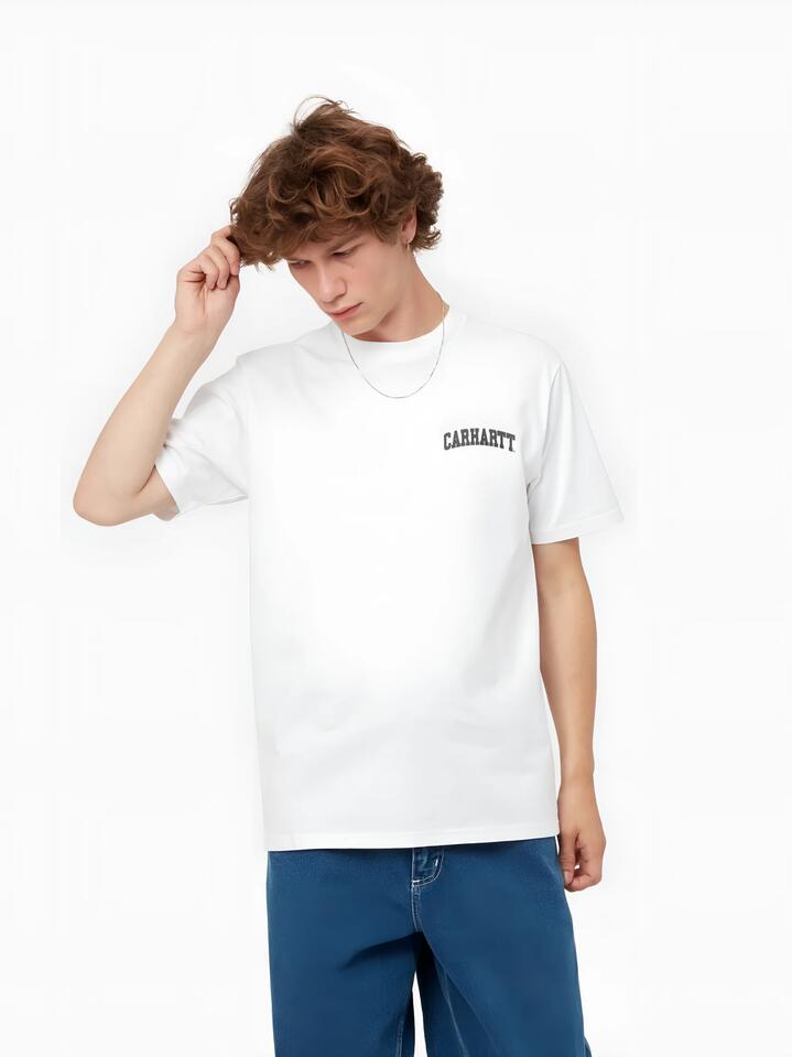 Image of a model wearing Tops. Productname: Carhartt Wip S/S University Script T-Shirt in White/Black colour by brand - Carhartt Wip