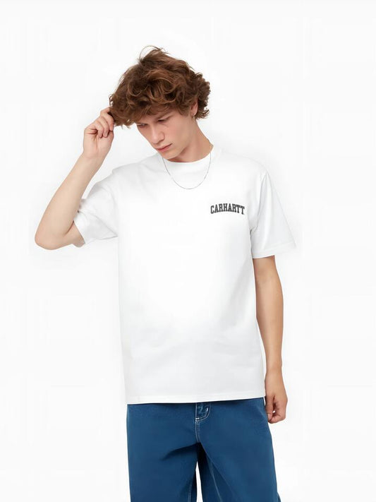 Image of a model wearing Tops. Productname: Carhartt Wip S/S University Script T-Shirt in White/Black colour by brand - Carhartt Wip