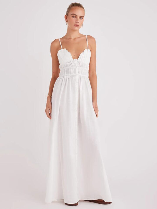 Image of a model wearing Dress. Productname: SNDYS Mahalia Maxi Dress in White colour by brand - SNDYS