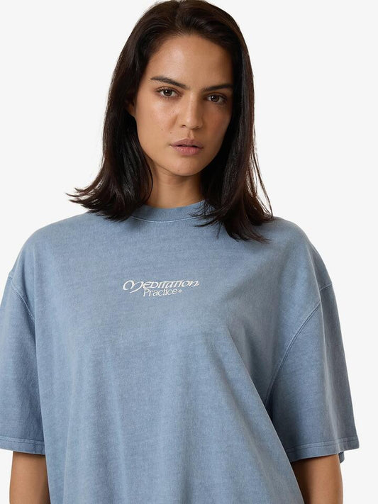 Image of a model wearing Tops. Productname: Thrills Meditation Practice Oversized Tee in Dusty Blue colour by brand - Thrills