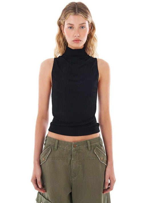 Image of a model wearing Tops. Productname: Felle High Neck Ribbed Tank in Black colour by brand - Felle