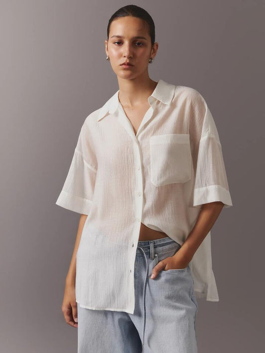 Image of a model wearing Tops. Productname: MSE Sheer Resort Shirt in Off White colour by brand - MSE