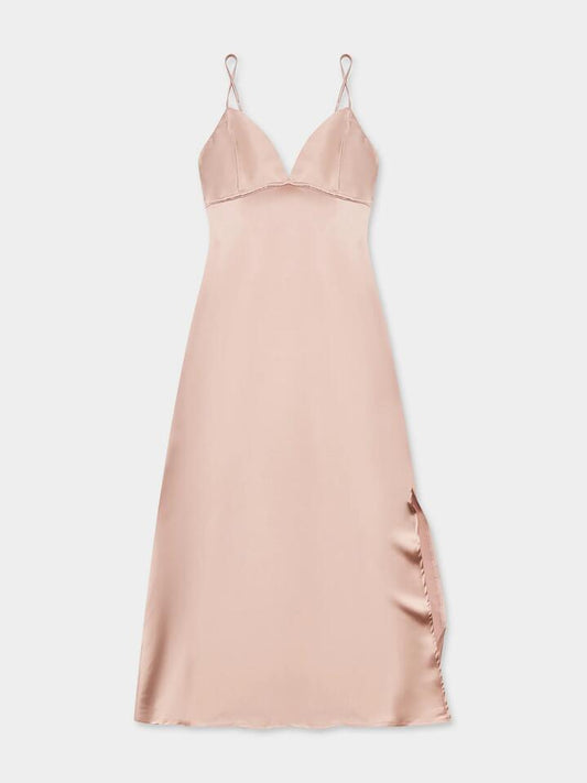 Image of a model wearing Dress. Productname: First Mse Oriana Satin Midi Dress in Latte colour by brand - First Mse