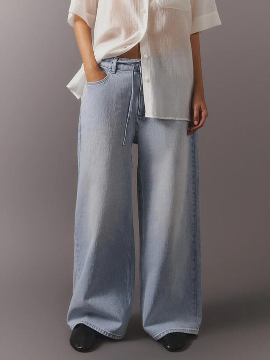 Image of a model wearing Denim. Productname: MSE Drawstring Baggy Jean in Light Blue colour by brand - MSE