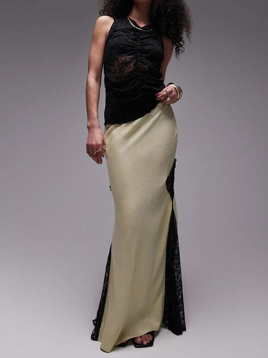 Image of a model wearing Skirts. Productname: Topshop Co-Ord SatinLace MixMidi Skirt in Pistachio colour by brand - Topshop