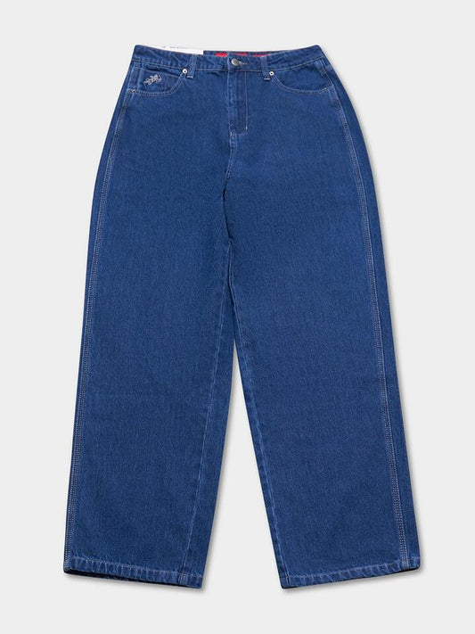 Image of a model wearing Denim. Productname: Worship Worship Big Baggy Jean in Dark Electric Blue colour by brand - Worship