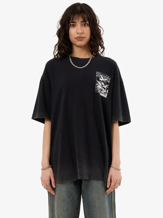 Image of a model wearing Tops. Productname: Worship At Peace Oversized Fit Tee in Black Sun Fade colour by brand - Worship