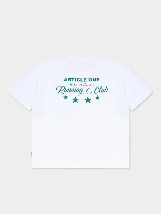 Image of a model wearing Tops. Productname: Article One Running Club Tee in White colour by brand - Article One