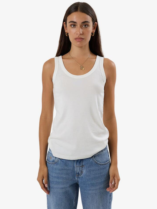 Image of a model wearing Tops. Productname: Thrills Fundamental U Tank in Tofu colour by brand - Thrills