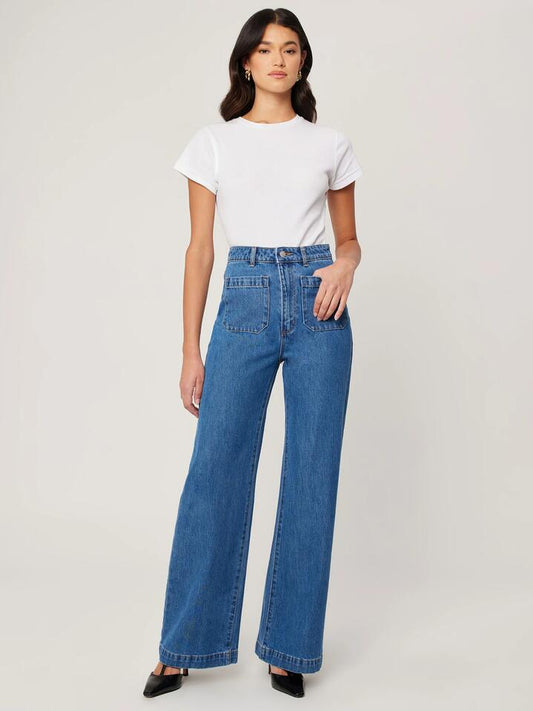 Image of a model wearing Denim. Productname: Rollas Sailor Jean Long in ASHLEY BLUE colour by brand - Rollas