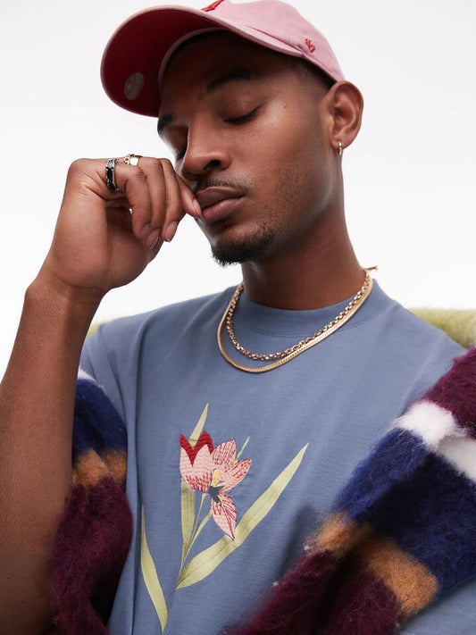 Image of a model wearing Tops. Productname: Topman Premium Oversized T-Shirt in BLUE colour by brand - Topman