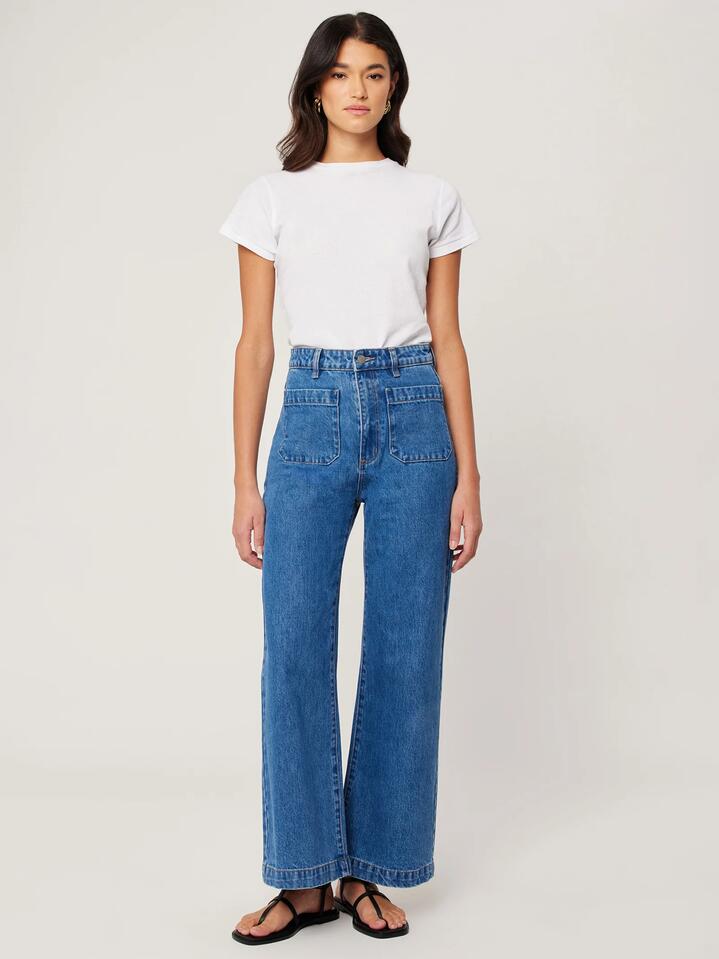 Image of a model wearing Denim. Productname: Rollas Sailor Jean in ASHLEY BLUE colour by brand - Rollas