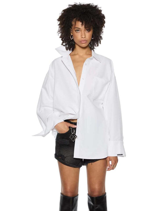 Image of a model wearing Tops. Productname: Ksubi Astra LS Shirt in White Oxford colour by brand - Ksubi