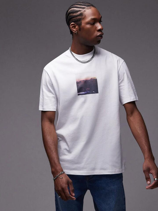 Image of a model wearing Tops. Productname: Topman Premium Oversized T-Shirt in WHITE colour by brand - Topman