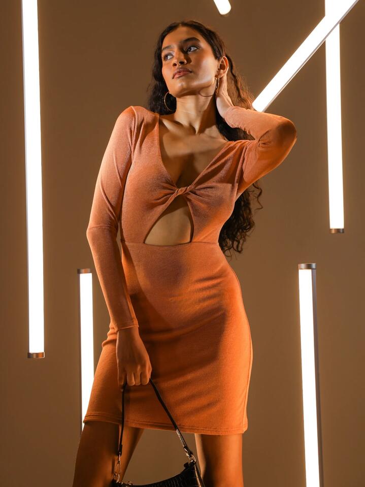 Image of a model wearing Dress. Productname: First Mse Benny Twist Front Dress in Bronze colour by brand - First Mse