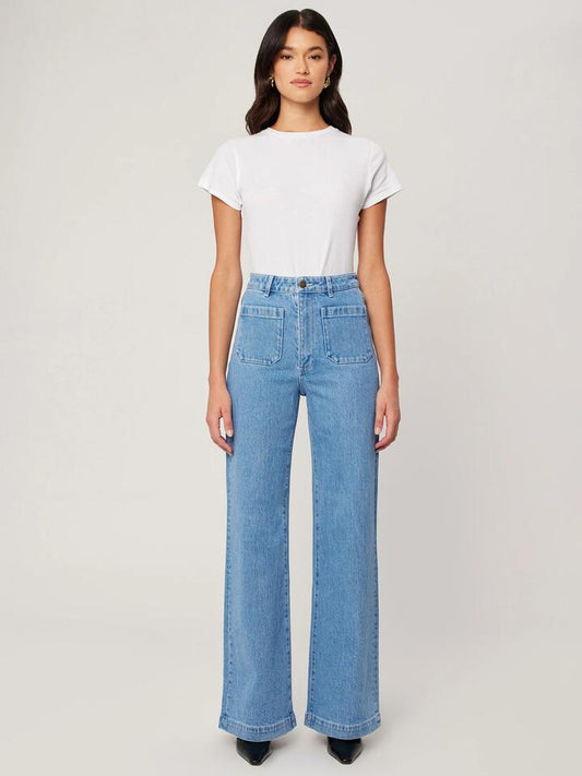 Image of a model wearing Denim. Productname: Rollas Sailor Long Lily Blue in MID BLUE colour by brand - Rollas