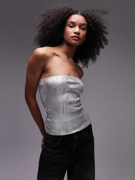 Image of a model wearing Tops. Productname: Topshop Foil Bandeau in SILVER colour by brand - Topshop