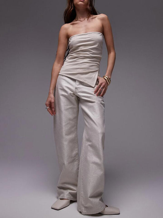 Image of Jeans. Productname: Topshop Mid Rise Metallic Thread Column Jeans in Ecru colour by brand - Topshop