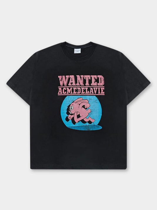 Image of a model wearing Shorts. Productname: ADLV Wanted Rabbit Artwork Short Sleeve T-Shirt in BLACK colour by brand - ADLV