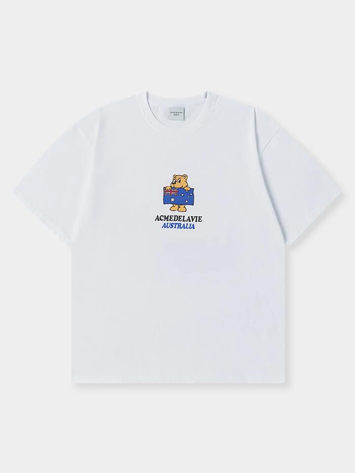 Image of a model wearing Shorts. Productname: ADLV Bear for Australia Short Sleeve T-Shirt in White colour by brand - ADLV