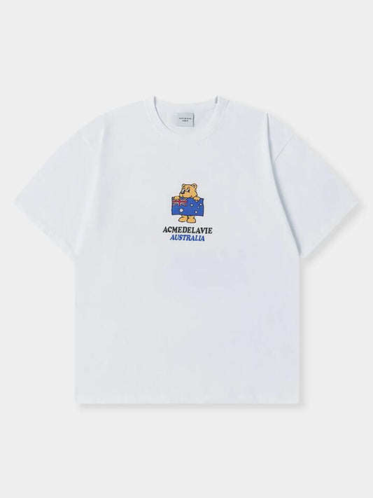 Image of a model wearing Shorts. Productname: ADLV Bear for Australia Short Sleeve T-Shirt in White colour by brand - ADLV
