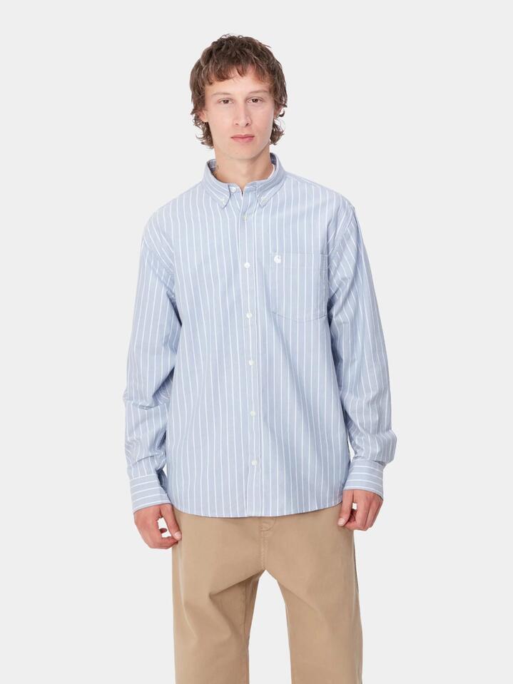 Image of a model wearing Tops. Productname: Carhartt Wip L/S Dowlen Shirt in Dowlen Stripe/Bleach/White colour by brand - Carhartt Wip