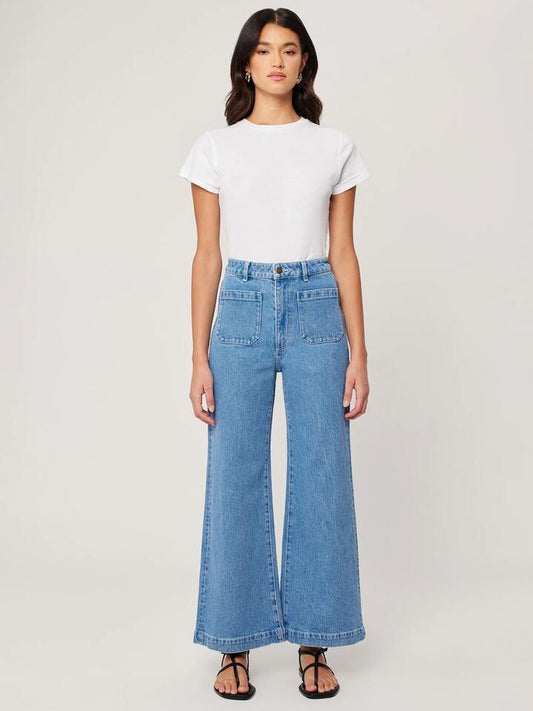 Image of a model wearing Denim. Productname: Rollas Sailor Jean Lily Blue in MID BLUE colour by brand - Rollas