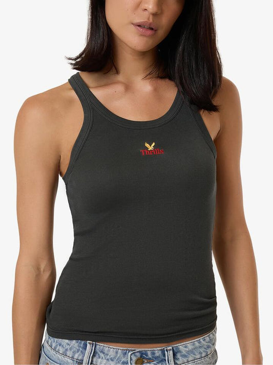 Image of a model wearing Tops. Productname: Thrills Never Stop Base Tank in Merch Black colour by brand - Thrills