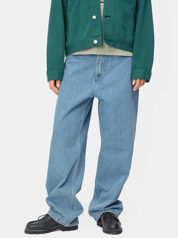 Image of a model wearing Denim. Productname: Carhartt Wip W Brandon Jeans in Blue Stone Bleach colour by brand - Carhartt Wip