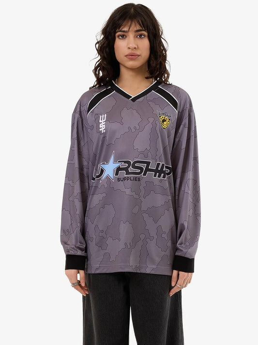 Image of a model wearing Tops. Productname: Worship Delirium Long Sleeve Jersey in Steel Grey colour by brand - Worship