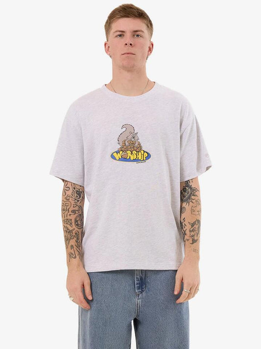 Image of a model wearing Tops. Productname: Worship Going Nuts Tee in Snow Marle colour by brand - Worship